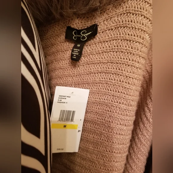 NEW Jessica Simpson Knit Sweater Cardigan With Faux Fur Trim Tan Oversize Medium - Picture 7 of 11